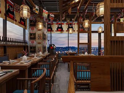 Cozy Japanese Restaurant Interior With Wooden Fixtures Kumamon Decor And Beautiful City Night View 3d model