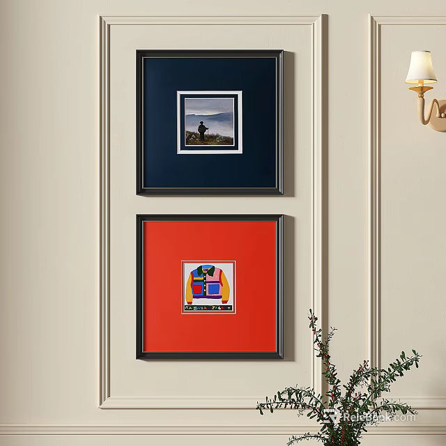 Interior Wall Decor With Two Framed Paintings Dark Blue And Red Frames 3d model
