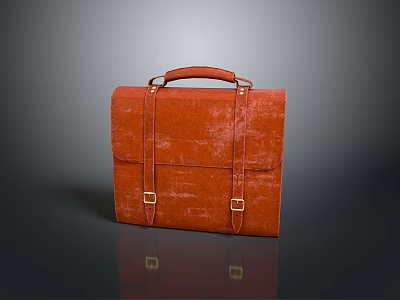 Classic Stylish Red Leather Briefcase With Brown Handle And Golden Buckle Straps 3d model