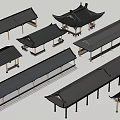 Traditional Chinese Wooden Corridors With Black Roof And Classical Design Models