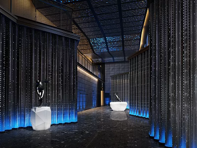Modern Bar Entrance With Dark Curtains Blue Lighting And White Reception Desk 3d model