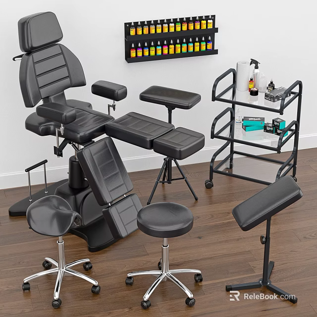 Professional Black Leather Massage Chair with Side Trolley and Stools 3d model 