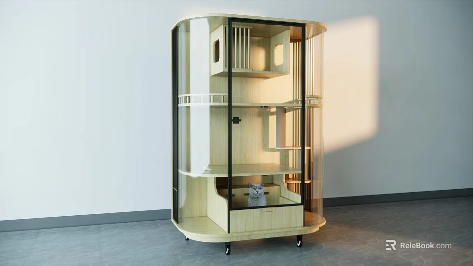 Modern Glass Display Cabinet With Multiple Shelves Drawer And Wheels For Household Items Storage 3d model 