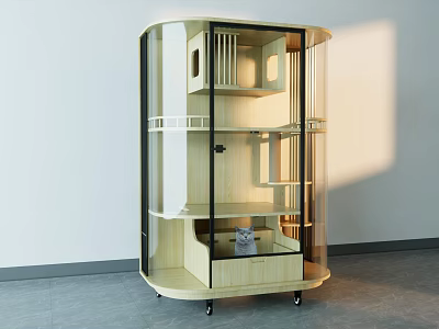 Modern Glass Display Cabinet With Multiple Shelves Drawer And Wheels For Household Items Storage 3d model