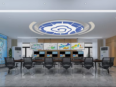 Monitoring Room Interior Design With Multiple Surveillance Monitors Control Console And Office Chairs 3d model