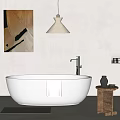 White Freestanding Bathtub With Hanging Towel Pendant Light Abstract Painting And Wooden Side Table