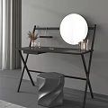 Modern Black Dressing Table With Round Mirror Stool And Makeup Accessories 3d model
