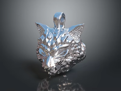 Detailed Silver Wolf Head Sculpture Carving Pendant with Metallic Shine and Intricate Design 3d model