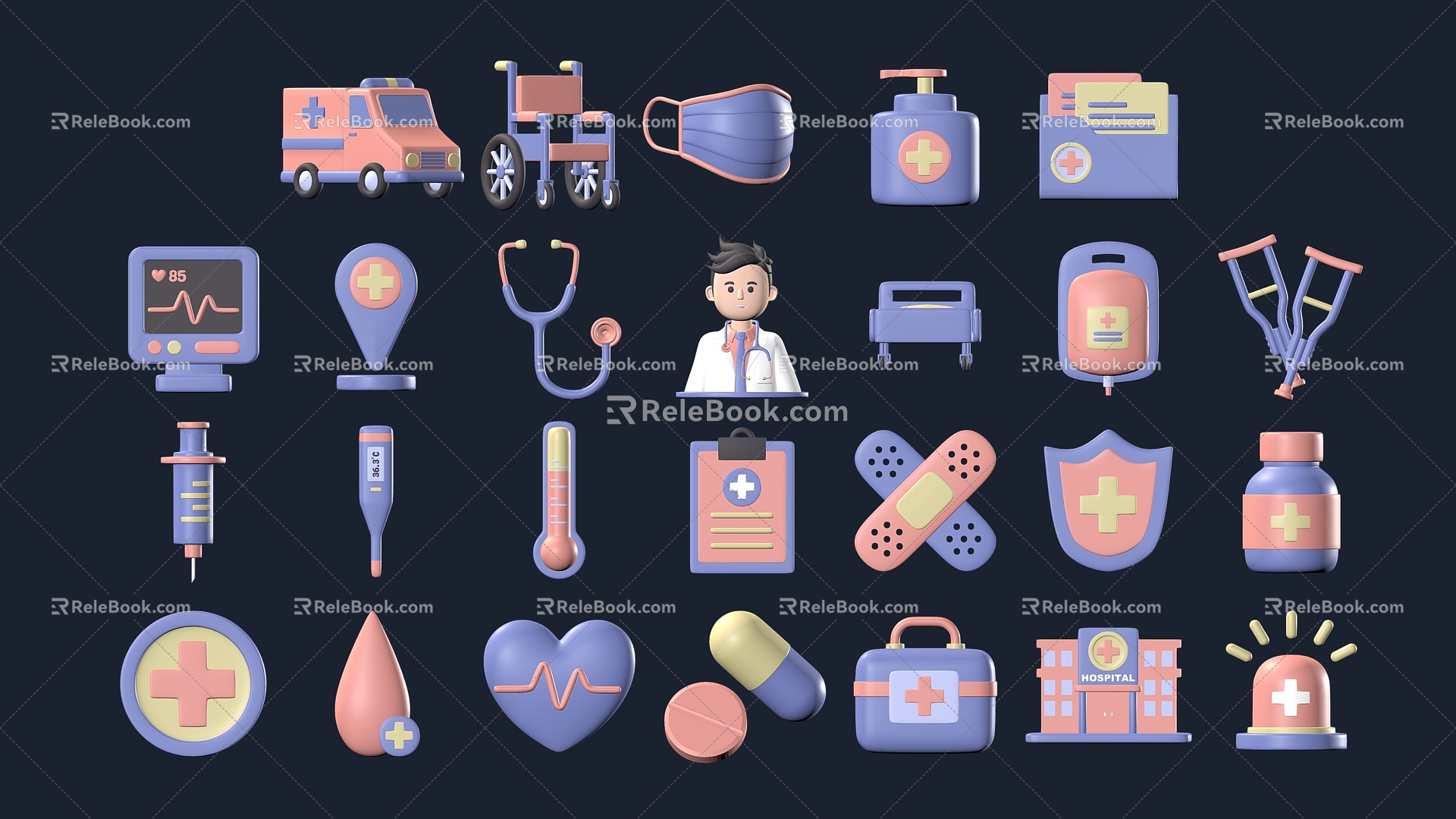 Medical Devices Medical & Health Icon Icon Cartoon Wheelchair Cartoon Needle Cartoon Masks Crutch Stethoscope Ambulance Hospital model