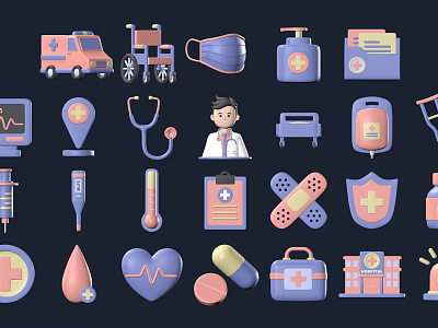 Essential Medical Devices for Healthcare Including Stethoscope Wheelchair Ambulance ECG Monitor and First Aid Kit 3d model