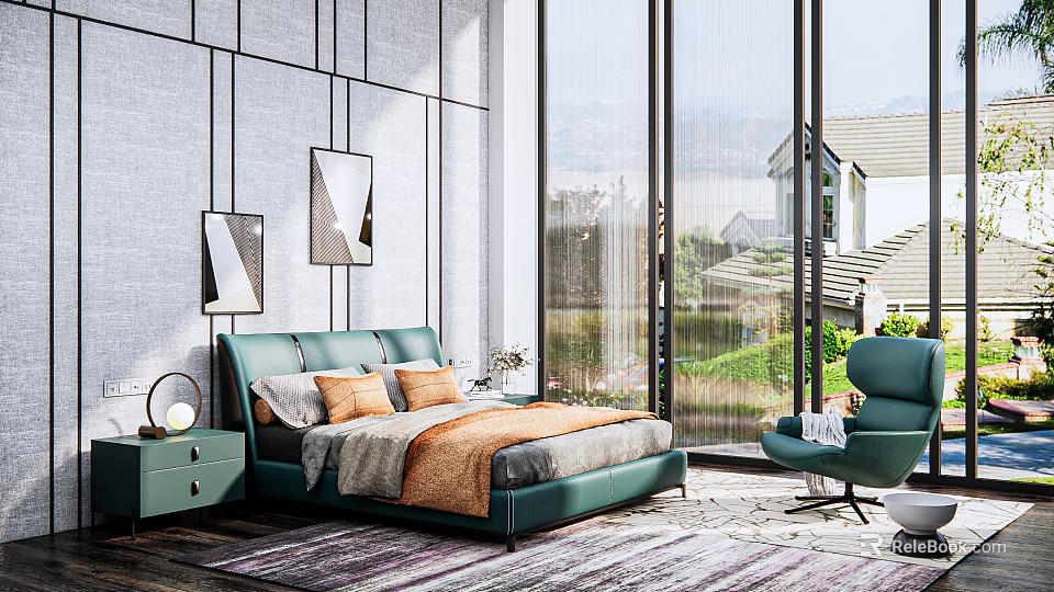 Modern Background Double Bed With Green Pillows Bedspread Nightstand Large Window And Green View 3d model 