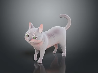 White Cat With Green Eyes And Pink Ears Standing Pose On Dark Background With Reflection 3d model