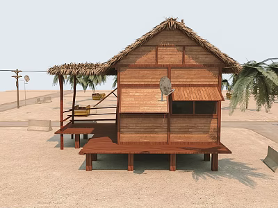 Traditional Thatched Hut Featuring Wooden Structure And Palm Trees On Sandy Ground 3d model