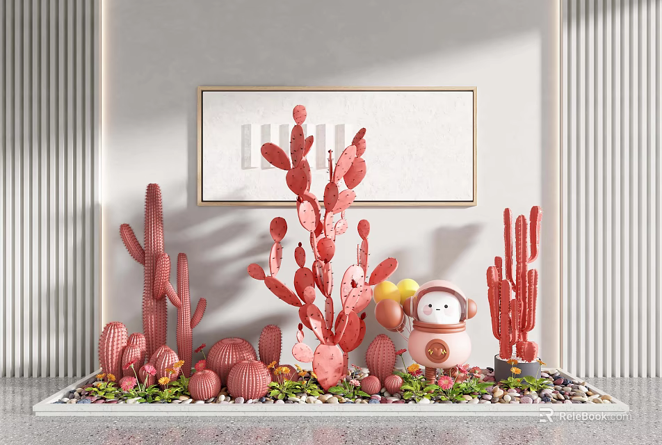 Red Cactus Potted Plants With Small Robot Doll And Decorative Indoor Elements 3d model 