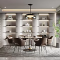Elegant Modern Restaurant Interior With Round Dining Table Pendant Light Shelves And Green Plants