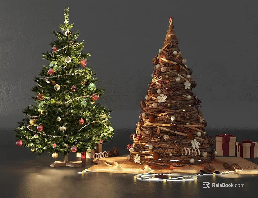 Two Decorated Christmas Trees With Ornaments Gifts And String Lights Setup 3d model 