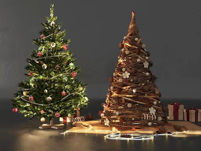 Two Decorated Christmas Trees With Ornaments Gifts And String Lights Setup 3d model