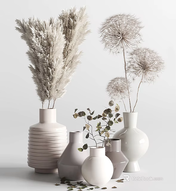 Elegant White Vases With Dried Pampas Grass And Green Leaves For Modern Interior 3d model 