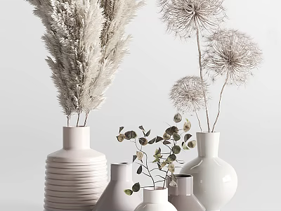 Elegant White Vases With Dried Pampas Grass And Green Leaves For Modern Interior 3d model