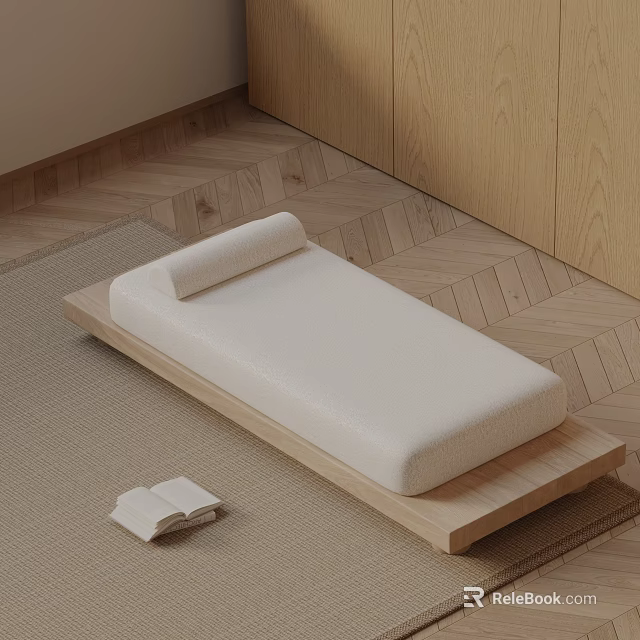 Comfortable White Cushioned Sofa Bench With Wooden Base On Wooden Floor And Open Book 3d model 