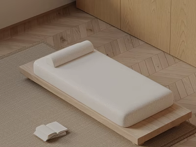 Comfortable White Cushioned Sofa Bench With Wooden Base On Wooden Floor And Open Book 3d model