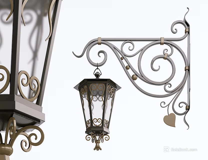 Vintage Wrought Iron Wall Lamp With Curved Swirls And Heart Accent Glass Shade 3d model 