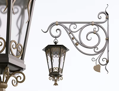 Vintage Wrought Iron Wall Lamp With Curved Swirls And Heart Accent Glass Shade 3d model