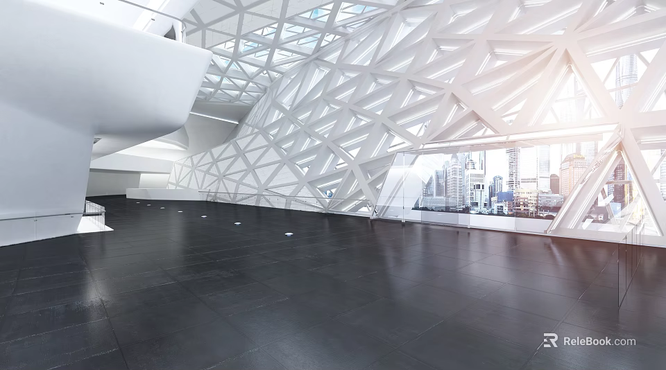 Modern Interior Space With Geometric Structure And City View 3d model 