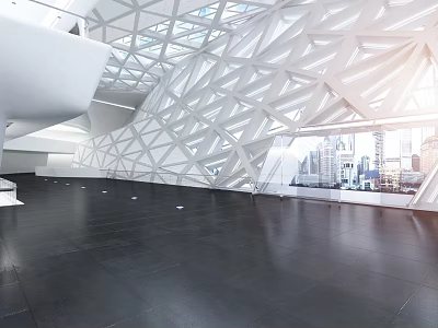 Modern Interior Space With Geometric Structure And City View 3d model