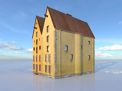 Yellow Detached Villa With Brown Roof Multiple Windows And Stone Base Under Blue Sky 3d model