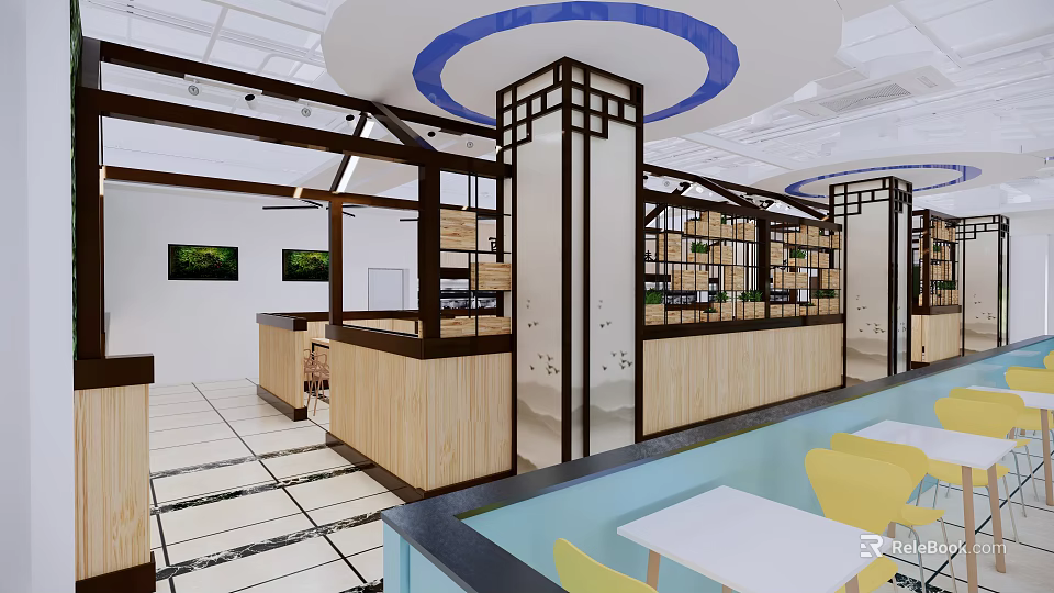 Modern Restaurant Interior With Wooden Counters White Tables Yellow Chairs And Blue Ceiling Decorations 3d model 