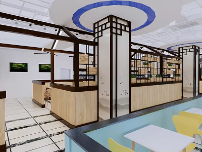 Modern Restaurant Interior With Wooden Counters White Tables Yellow Chairs And Blue Ceiling Decorations 3d model