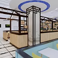 Modern Restaurant Interior With Wooden Counters White Tables Yellow Chairs And Blue Ceiling Decorations