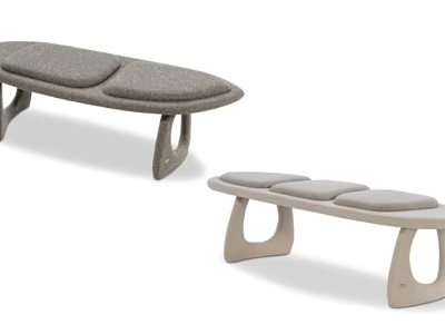 Elegant Modern Fabric Bed Bench With Gray Beige Cushion And Curved Wooden Legs 3d model
