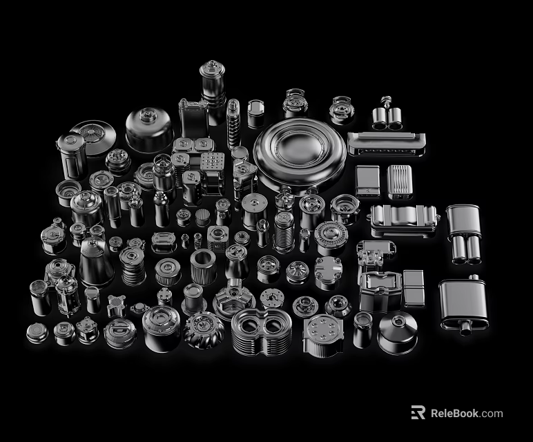 Silver Metal Parts Collection With Various Shapes And Industrial Components On Black Background 3d model 