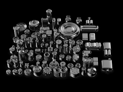 Silver Metal Parts Collection With Various Shapes And Industrial Components On Black Background 3d model