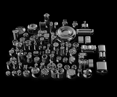 Silver Metal Parts Collection With Various Shapes And Industrial Components On Black Background 3d model