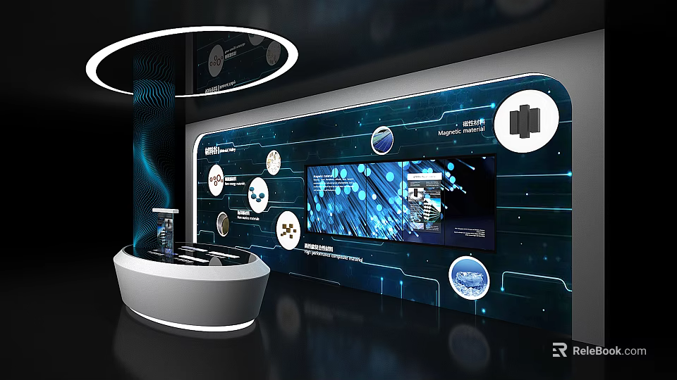 Modern Computer Display Featuring Large Blue Background Screen Various Icons Interfaces And White Curved Stand 3d model