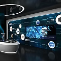 Modern Computer Display Featuring Large Blue Background Screen Various Icons Interfaces And White Curved Stand 3d model