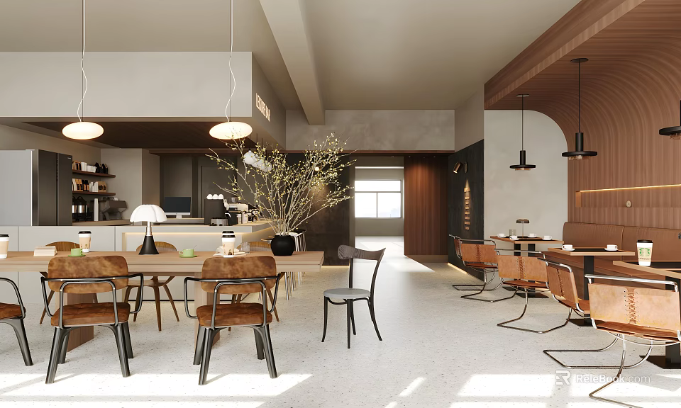 Modern Restaurant Interior With Wooden Tables Pendant Lights Decorative Plants And Natural Light 3d model 