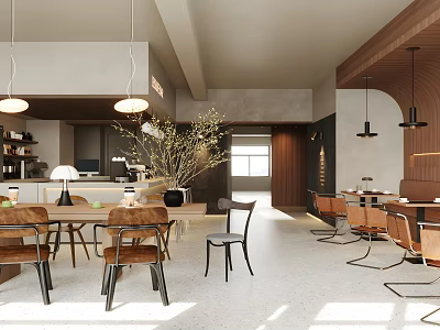 Modern Restaurant Interior With Wooden Tables Pendant Lights Decorative Plants And Natural Light 3d model