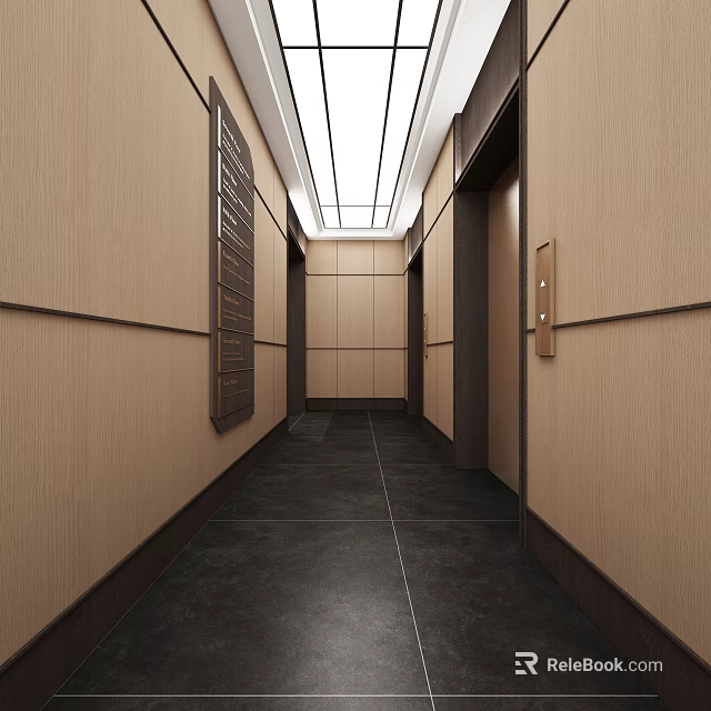Modern Elevator Corridor With Light Wood Panels And Ceiling Lights 3d model 
