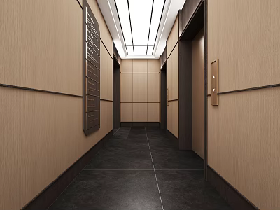 Modern Elevator Corridor With Light Wood Panels And Ceiling Lights 3d model
