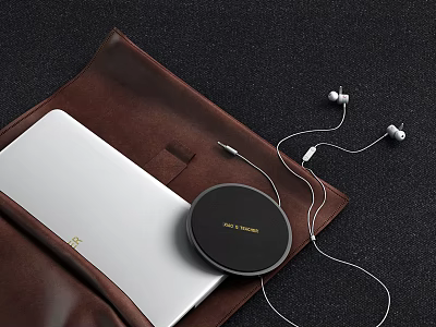 Portable Audio Accessories With Headphones Speaker And Laptop In Leather Case 3d model