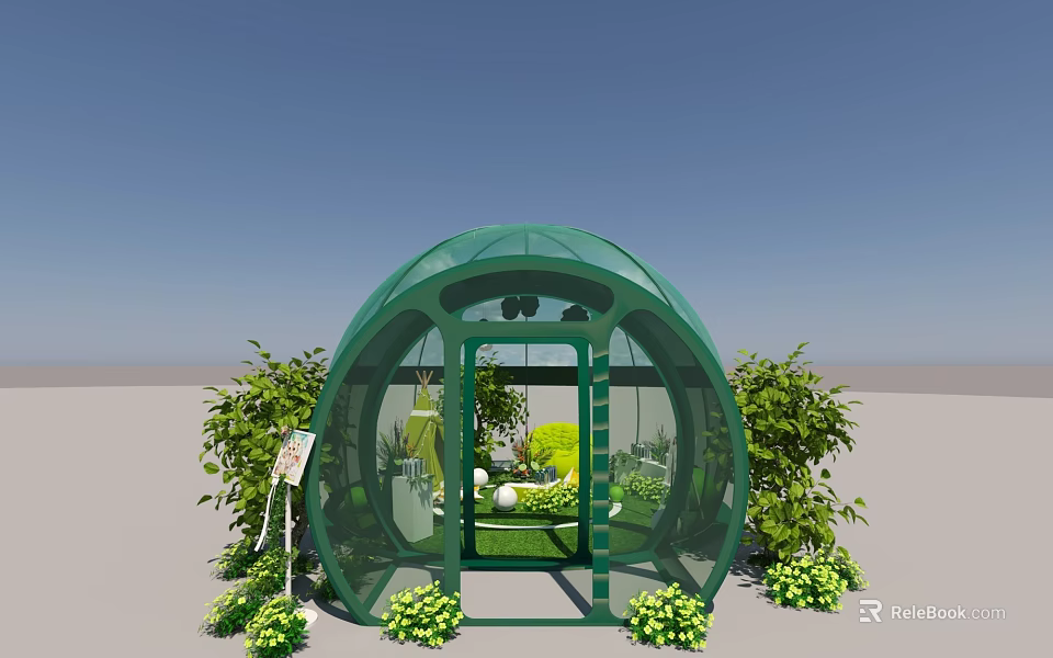 Green Arch Glass Garden Greenhouse with Surrounding Lush Plants and Interior Greenery 3d model 