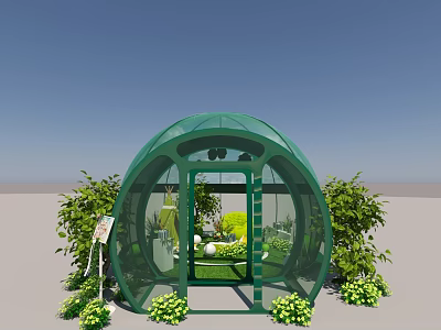 Green Arch Glass Garden Greenhouse with Surrounding Lush Plants and Interior Greenery 3d model