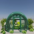 Green Arch Glass Garden Greenhouse with Surrounding Lush Plants and Interior Greenery