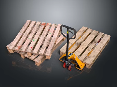 Wooden Pallets And Manual Hydraulic Pallet Jack Industrial Material Handling Equipment 3d model