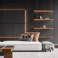 Modern Living Room Interior With Black Ceiling Red Lines Sofa Cushions Coffee Table Shelves Blinds