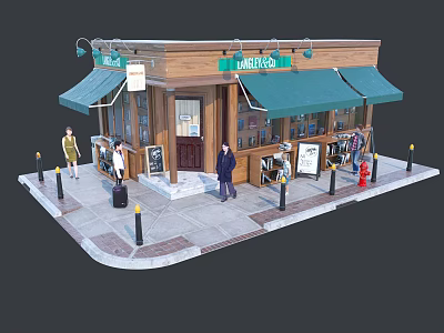 Cafe Exterior With Wooden Structure Green Awning People Standing Outside Menu Boards 3d model